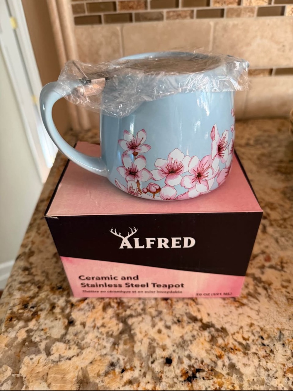 Alfred Light Blue Ceramic Teapot with Pink Floral Motif